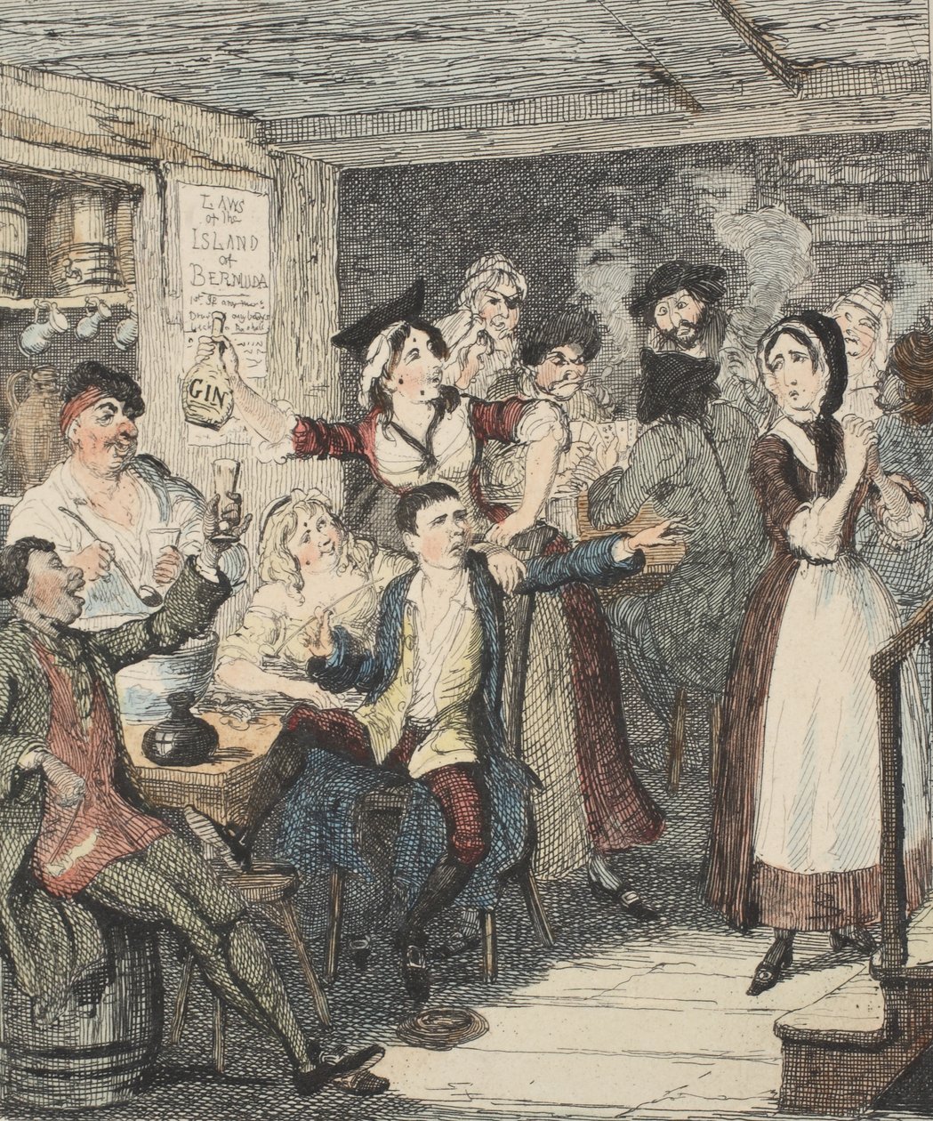 Jack Sheppard se saoule et chasse sa mère, illustration de Jack Sheppard : Une romance par William Harrison Ainsworth, publié 1839 (eau-forte en couleur) - George Cruikshank