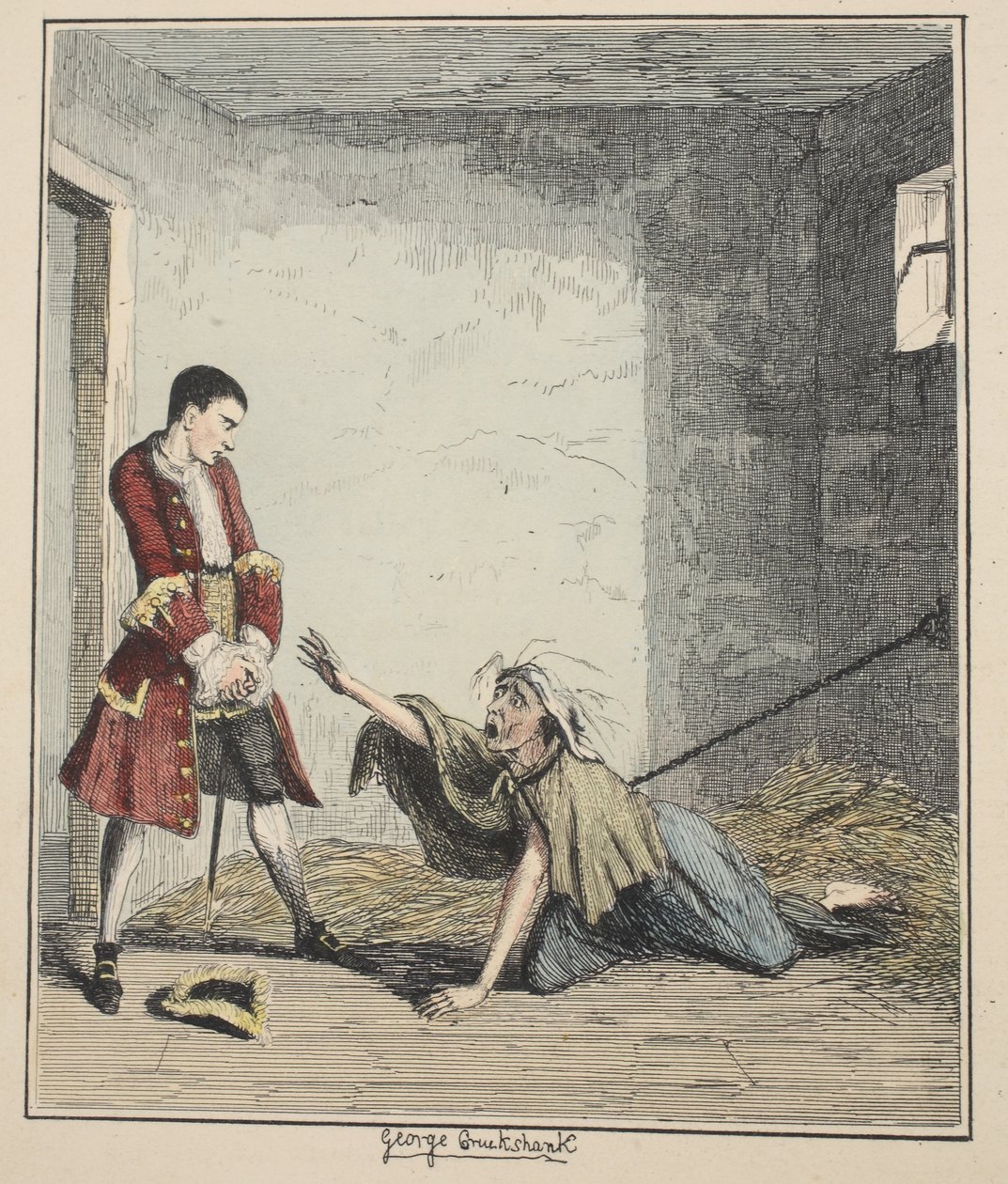 Jack Sheppard rend visite à sa mère à Bedlam, illustration de Jack Sheppard : Une romance par William Harrison Ainsworth, publié 1839 (eau-forte en couleur) - George Cruikshank