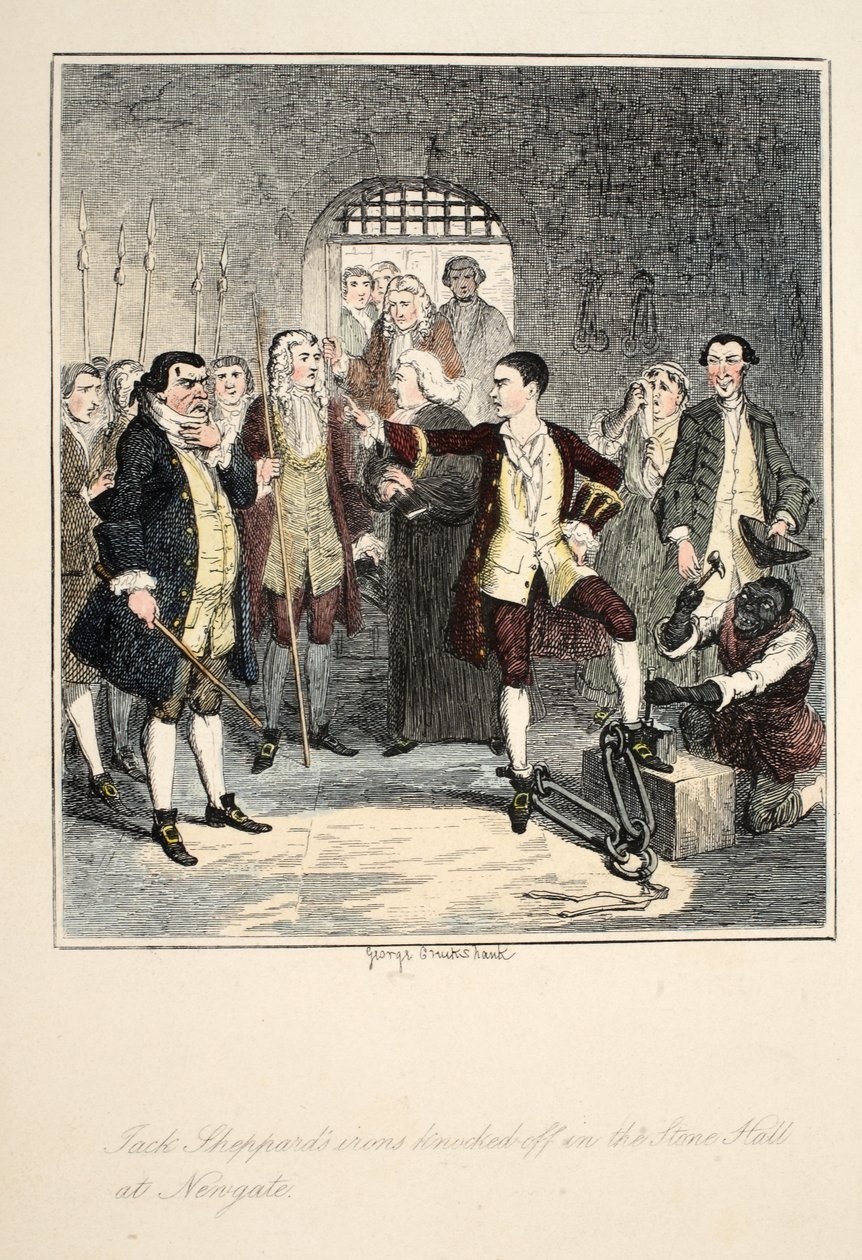 Les fers de Jack Sheppard retirés dans la salle de pierre à Newgate, illustration de Jack Sheppard : Un roman de William Harrison Ainsworth, publié en 1839 - George Cruikshank