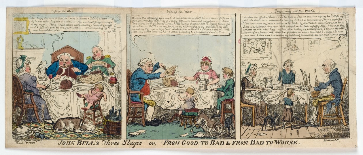 Les trois étapes de John Bull, ou, De bon à mauvais et de mauvais à pire, 1815 - George Cruikshank