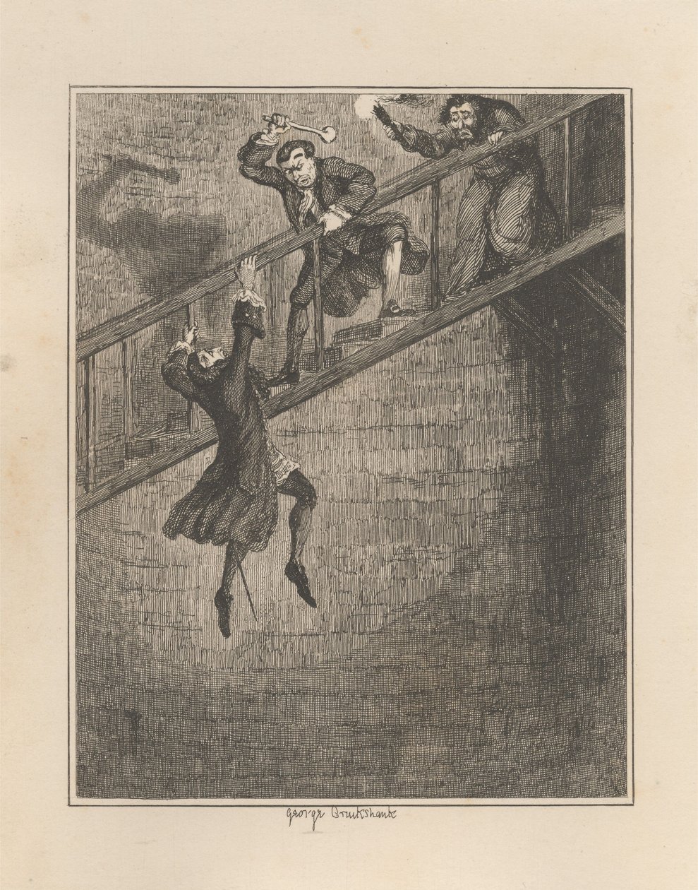 Jonathan Wild jetant Sir Rowland Trenchard au fond du puits - George Cruikshank