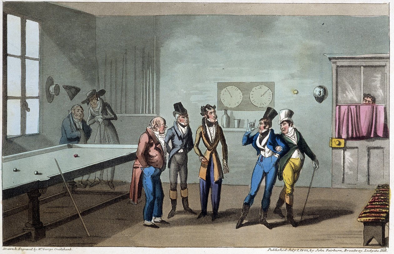 Les hommes à la salle de billard - dans "Life in Paris" par David Carey, ill. par G. Cruikshank, Londres - George Cruikshank