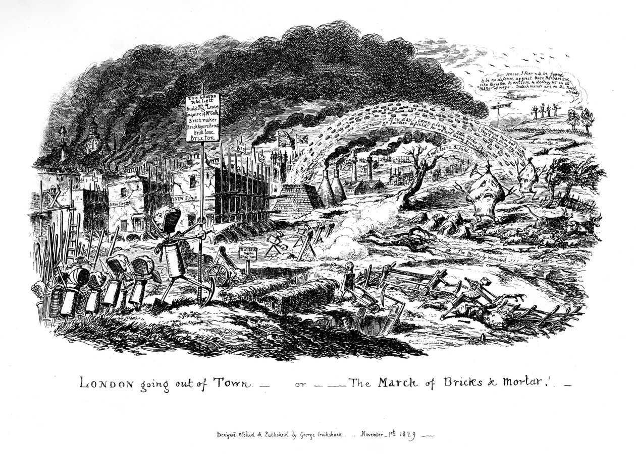 Londres sortant de la ville - ou La Marche des briques et du mortier, 1829 - George Cruikshank