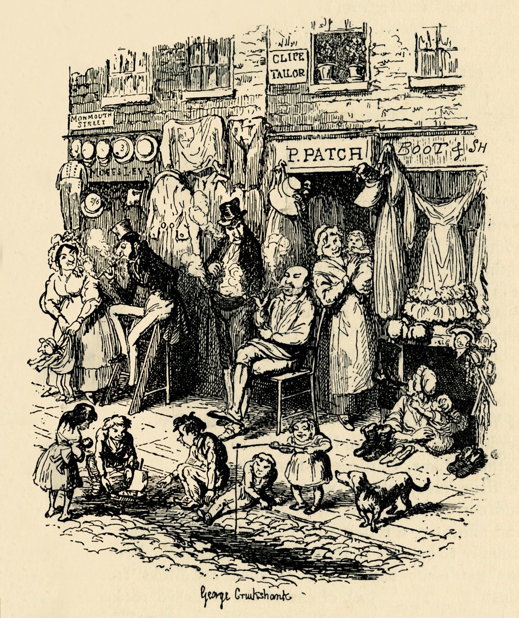 Monmouth Street, Soho, illustration de G. Cruikshank pour Sketches by Boz de Dickens, 1938 - George Cruikshank