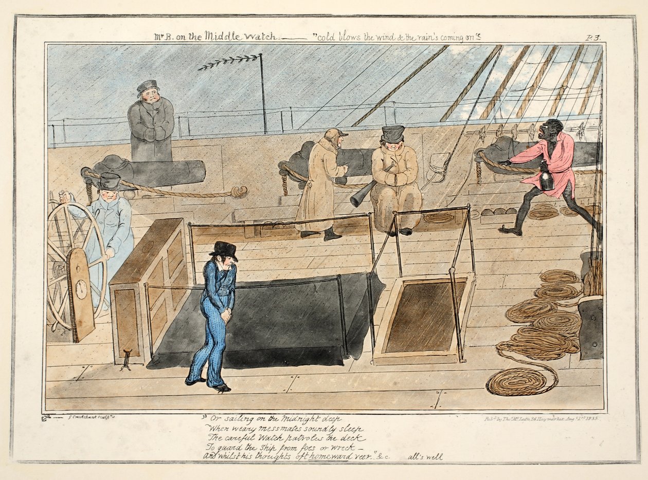 M. B en veille de nuit - le vent souffle froid et la pluie arrive, de The Progress of a Midshipman, pub. 1835 - George Cruikshank