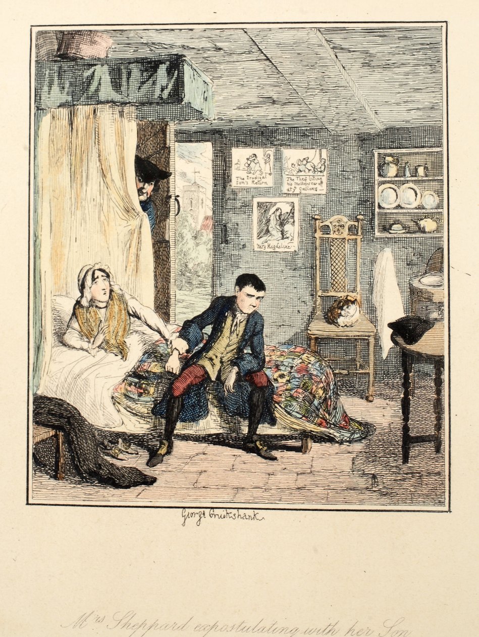 Mme Sheppard réprimandant son fils, illustration de Jack Sheppard : Une romance par William Harrison Ainsworth, publié 1839 (eau-forte en couleur) - George Cruikshank