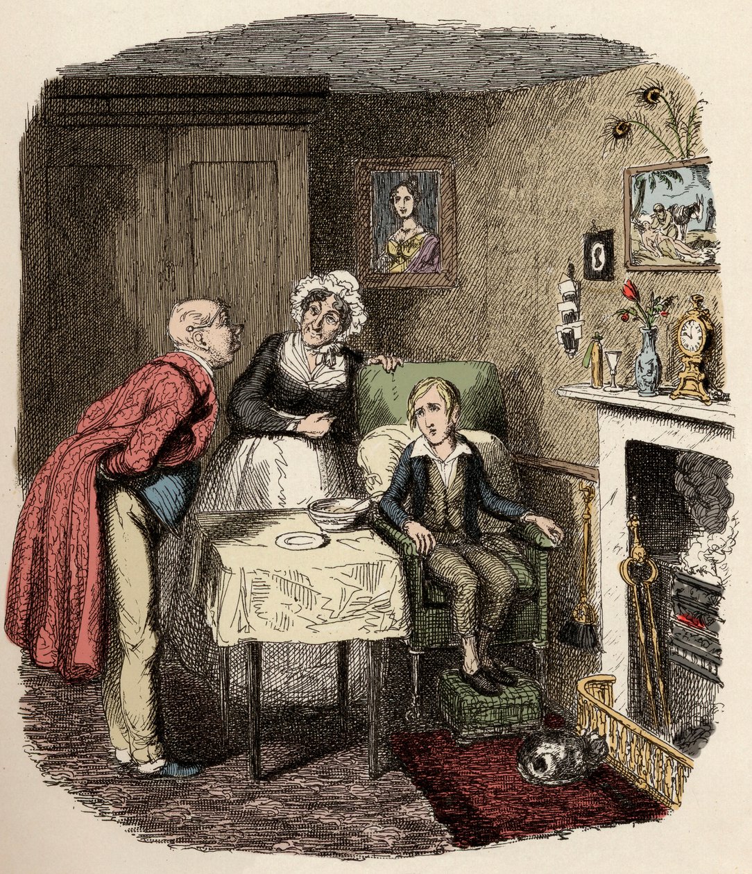 Oliver est recueilli et soigné par M. Brownlow et sa gouvernante Mme Bedwin - Oliver se remet de la fièvre - Illustration pour 