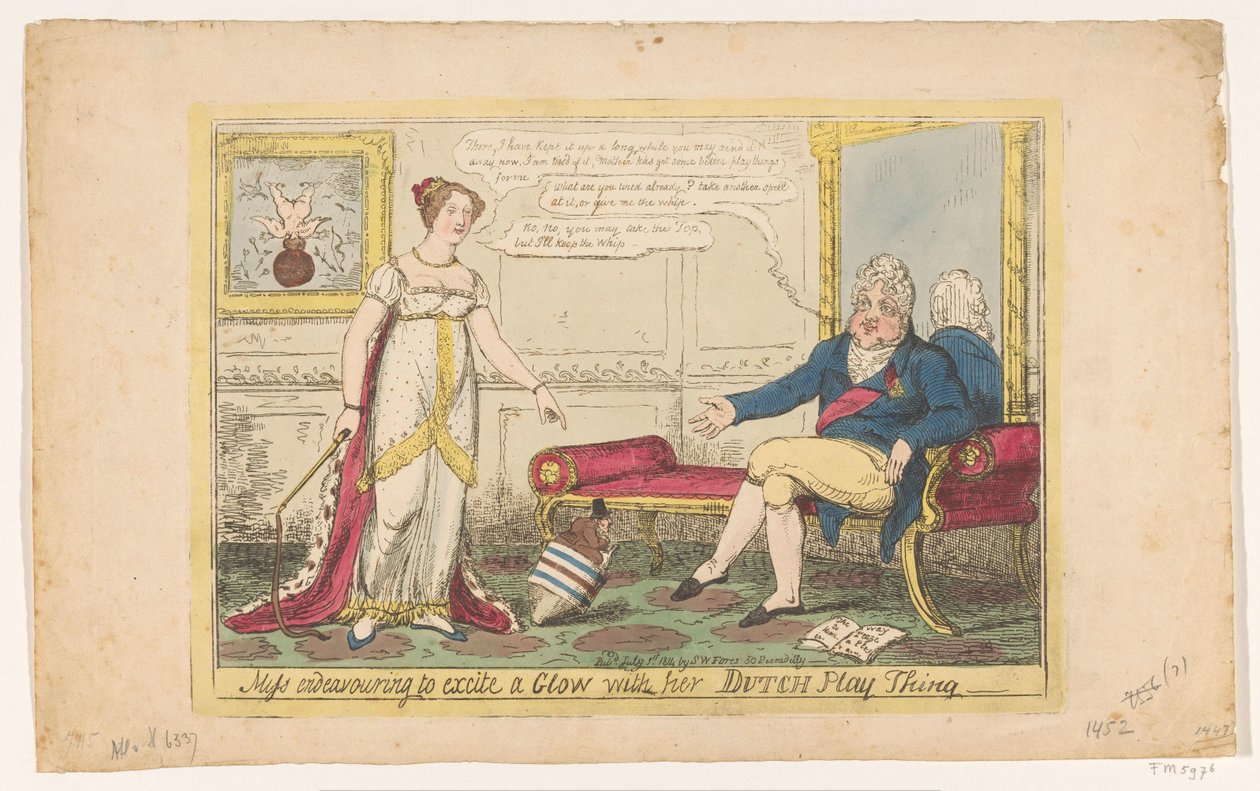 Princesse Charlotte jouant avec sa toupie hollandaise, 1814 Miss essayant de susciter une lueur avec son jouet hollandais - George Cruikshank