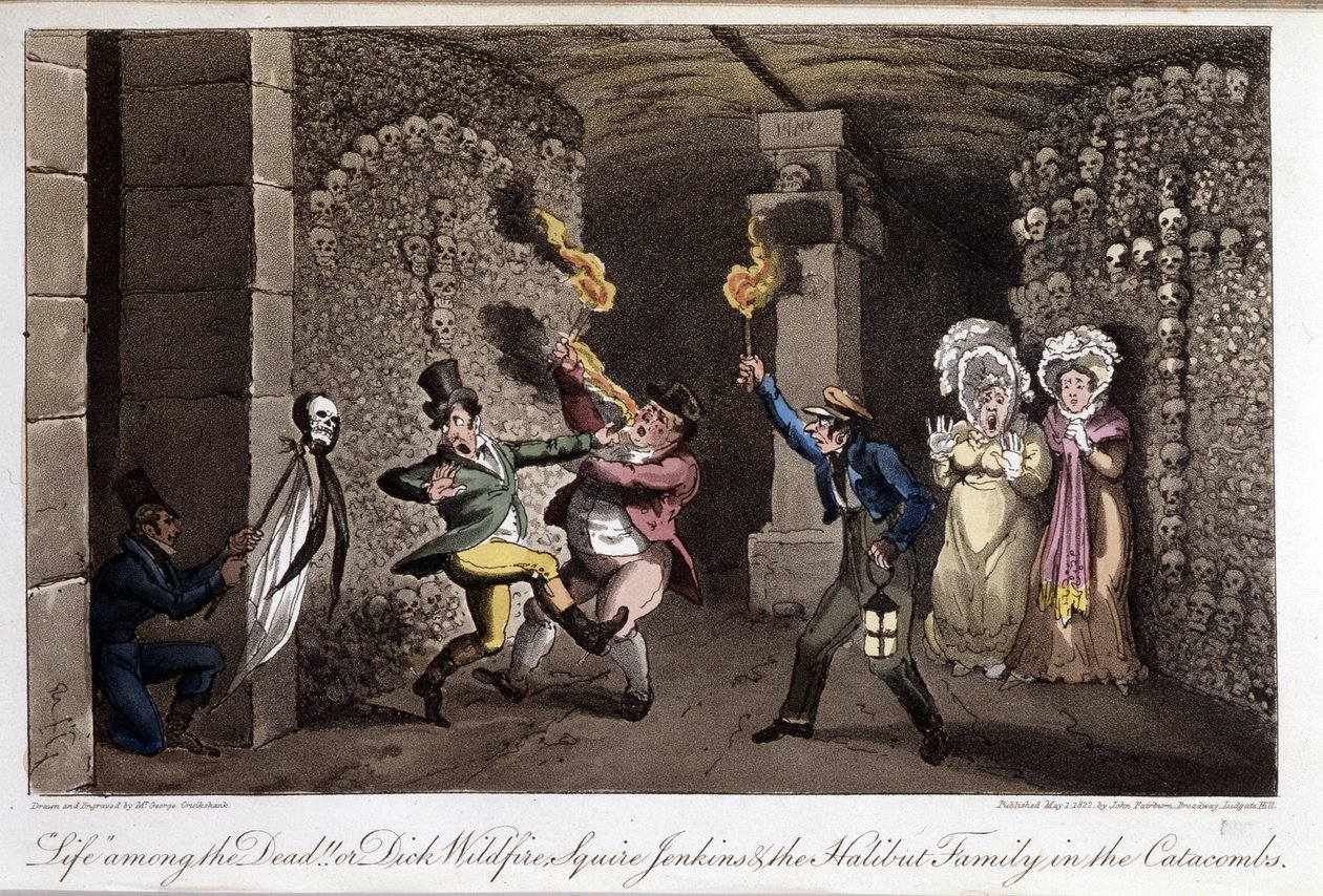 Promenade dans les catacombes - dans « La Vie à Paris » par David Carey, ill. par Georges Cruikshank, éd. Faiburn, Londres - George Cruikshank