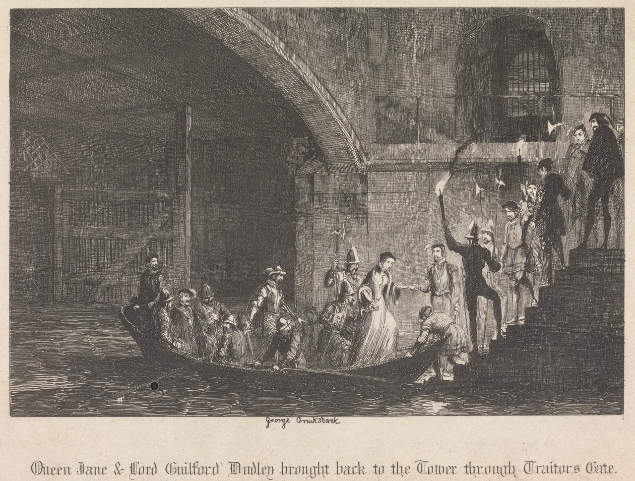 La reine Jane et Lord Guilford Dudley ramenés à la Tour par la porte des traîtres - George Cruikshank