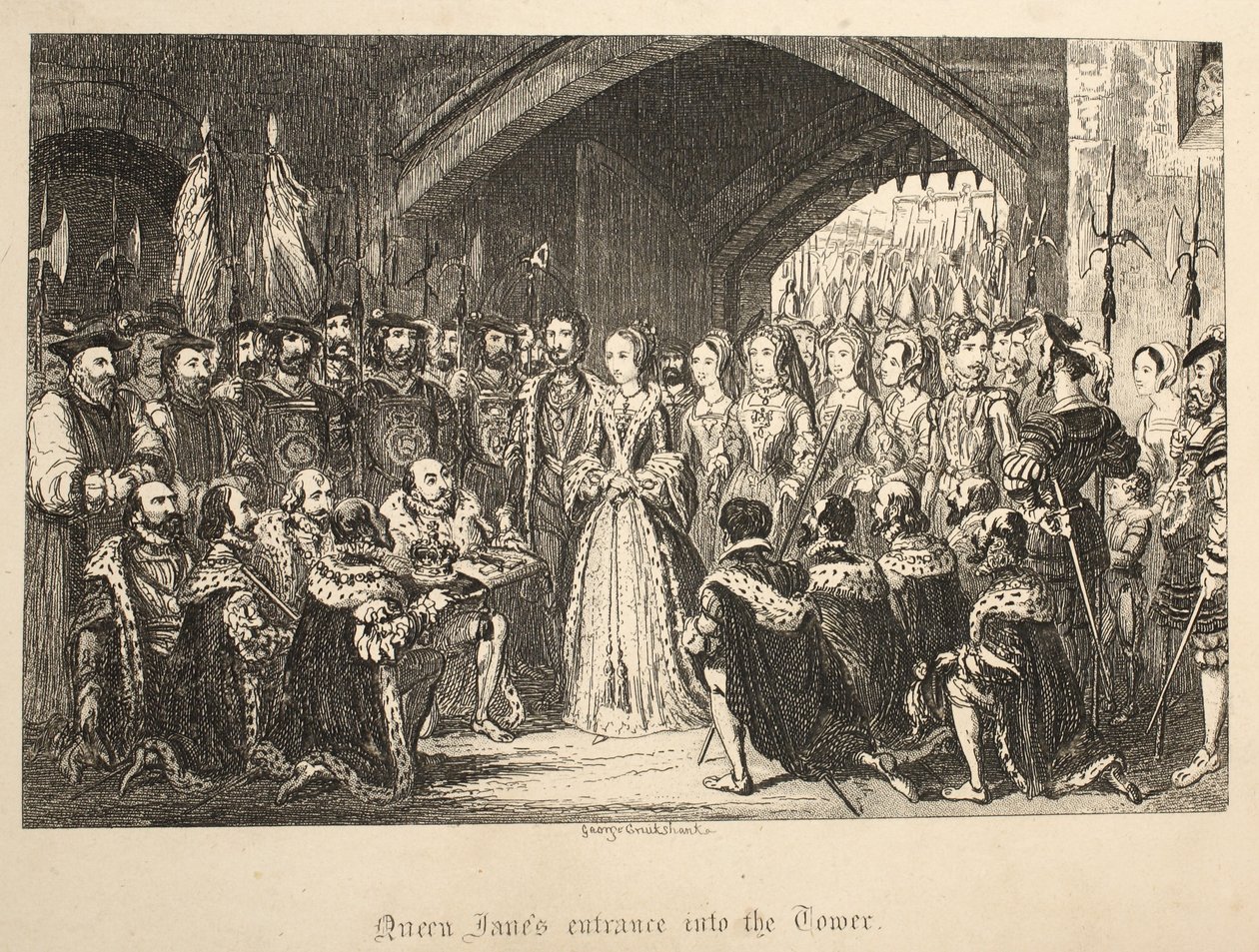 Entrée de la reine Jane dans la tour, de The Tower of London, pub. 1840 - George Cruikshank