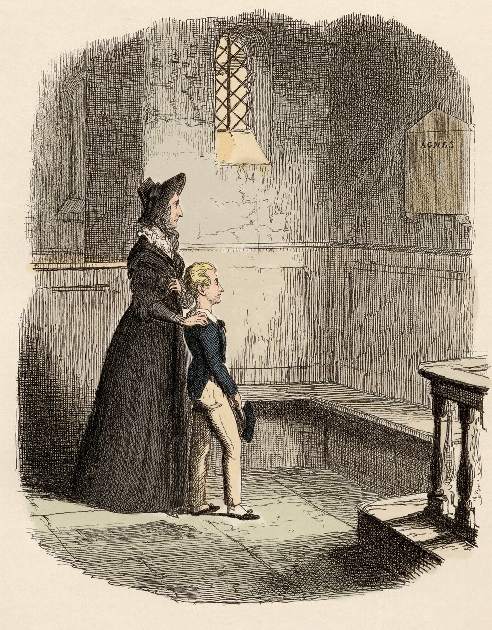 Rose Maylie et Oliver devant la plaque commémorative d