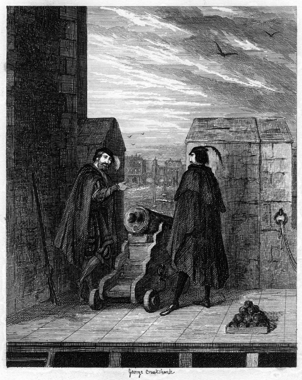 Simon Renard et Winwike le gardien sur le toit de la Tour Blanche, 1553 - George Cruikshank