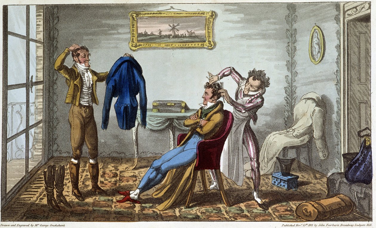 Tailleur et coiffeur à domicile - dans "Life in Paris" par David Carey, ill. par George Cruikshank, éd. Fairburn, Londres - George Cruikshank