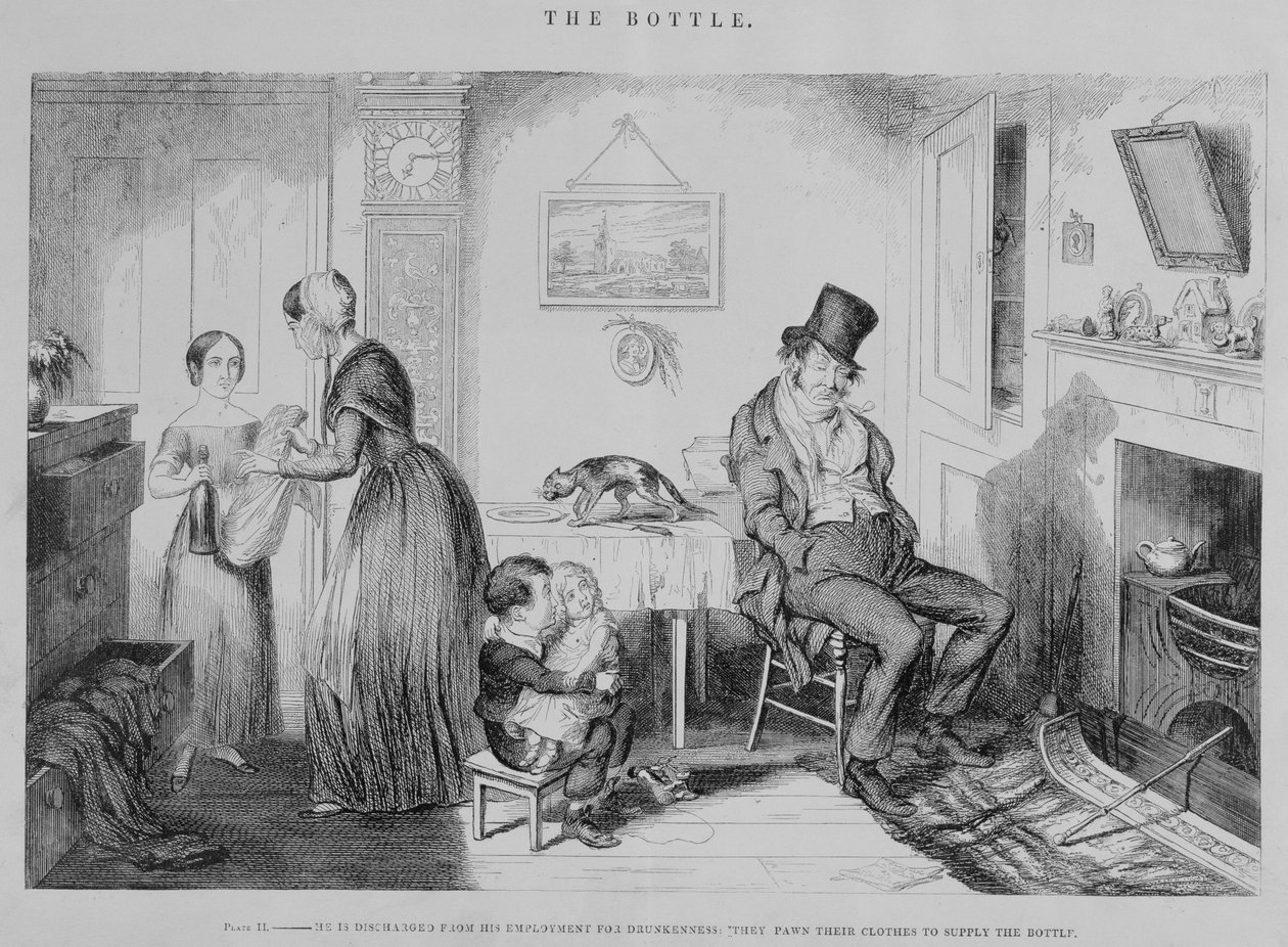 La Bouteille, Planche II, Il est renvoyé de son emploi pour ivresse : ils mettent leurs vêtements en gage pour fournir la bouteille, 1847 - George Cruikshank
