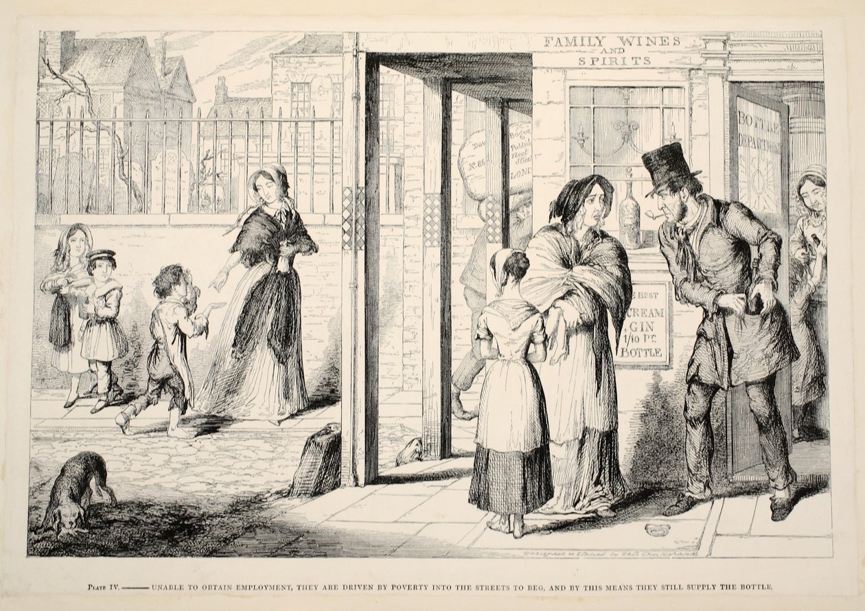 Incapables de trouver un emploi, ils sont poussés par la pauvreté à mendier dans les rues, et de cette manière ils continuent à fournir la bouteille. Planche IV de 