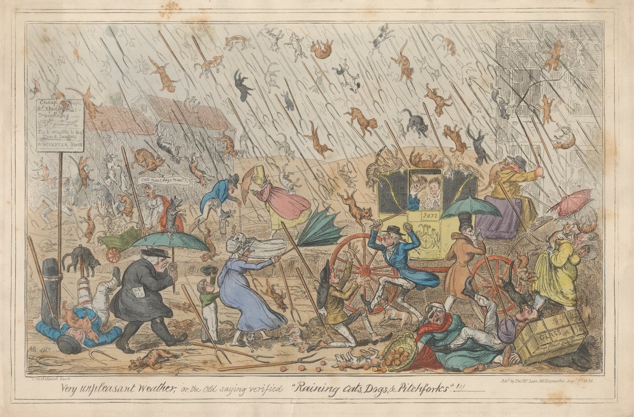 Temps très désagréable, ou, le vieux dicton vérifié "Il pleut des chats, des chiens et des fourches."!!! - George Cruikshank