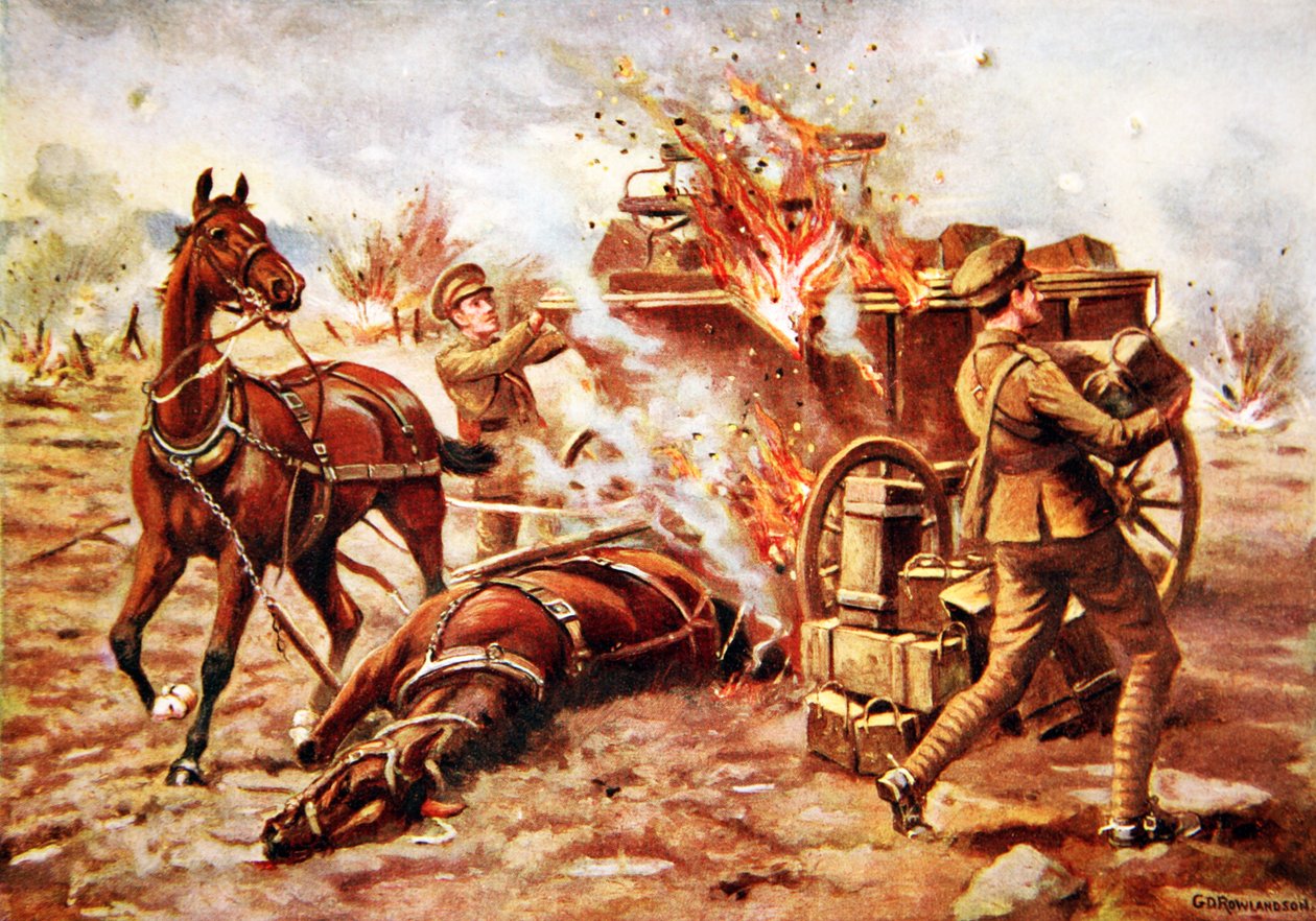 Le Bombardier par Intérim H.A. Creasey aidant à décharger un wagon de munitions en feu sous un très lourd bombardement - George Derville Rowlandson