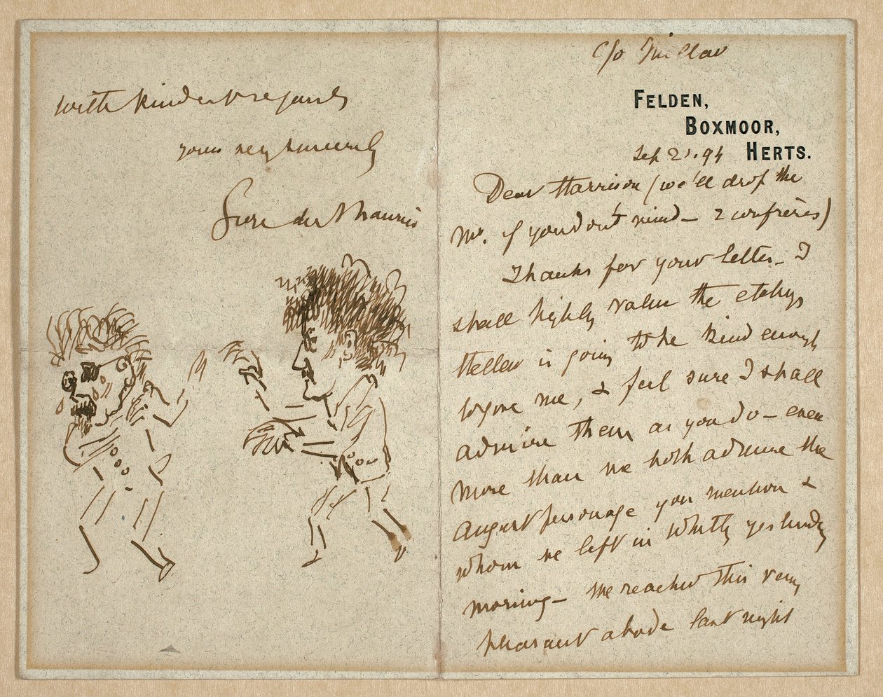 Lettre avec dessin de Whistler menaçant Du Maurier - George du Maurier