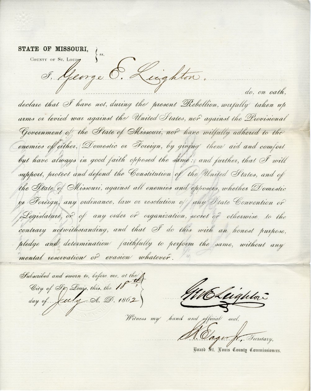 Serment de loyauté de George E. Leighton du Missouri, Comté de St. Louis - George Eliot Leighton