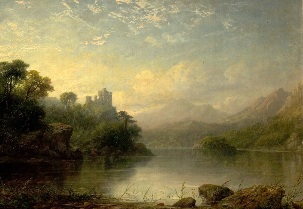 Scène de lac avec château en ruine et montagnes, 19ème siècle - George F. Buchanan