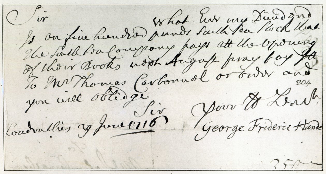 Lettre écrite par Handel, juin 1716 - George Frederick Handel