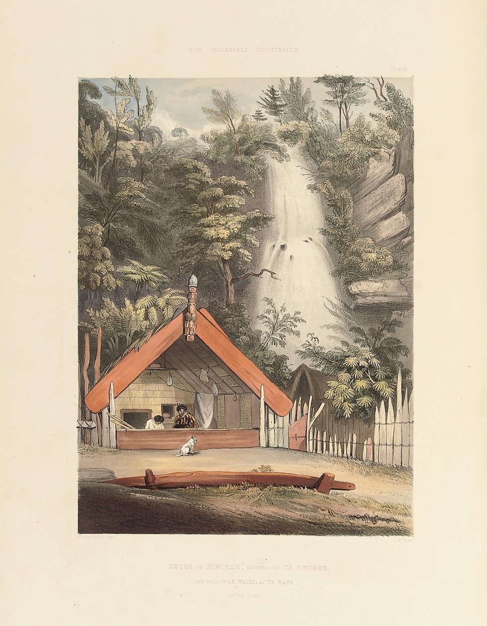 Maison de Hiwikau, Mère de Heuneu, et Chutes de Ko Waihi, à Te Rapa, planche 21 de "Les Néo-Zélandais Illustrés", 1847 - George French Angas