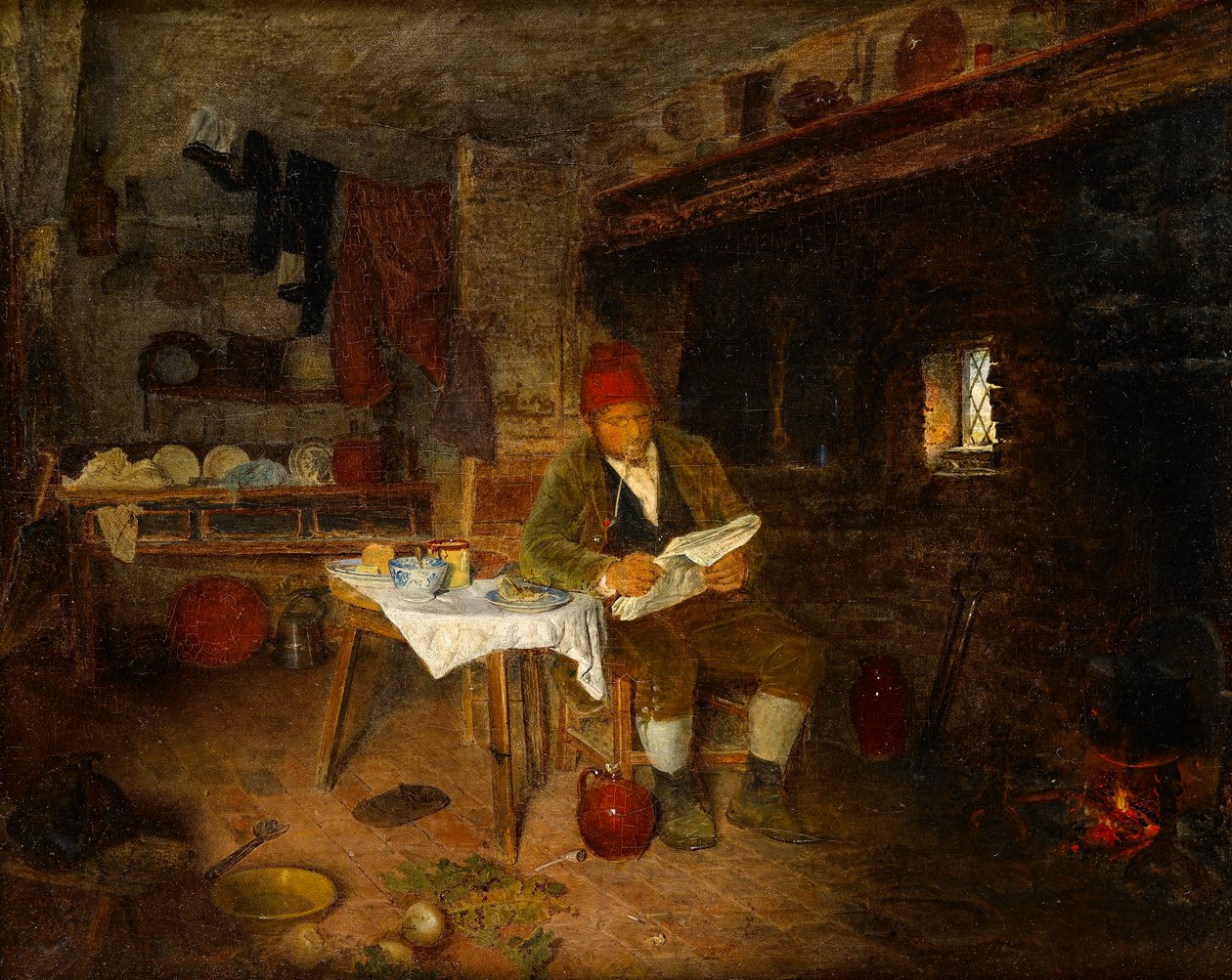 Un foyer rustique : Lire les nouvelles, 1855 - George Hardy