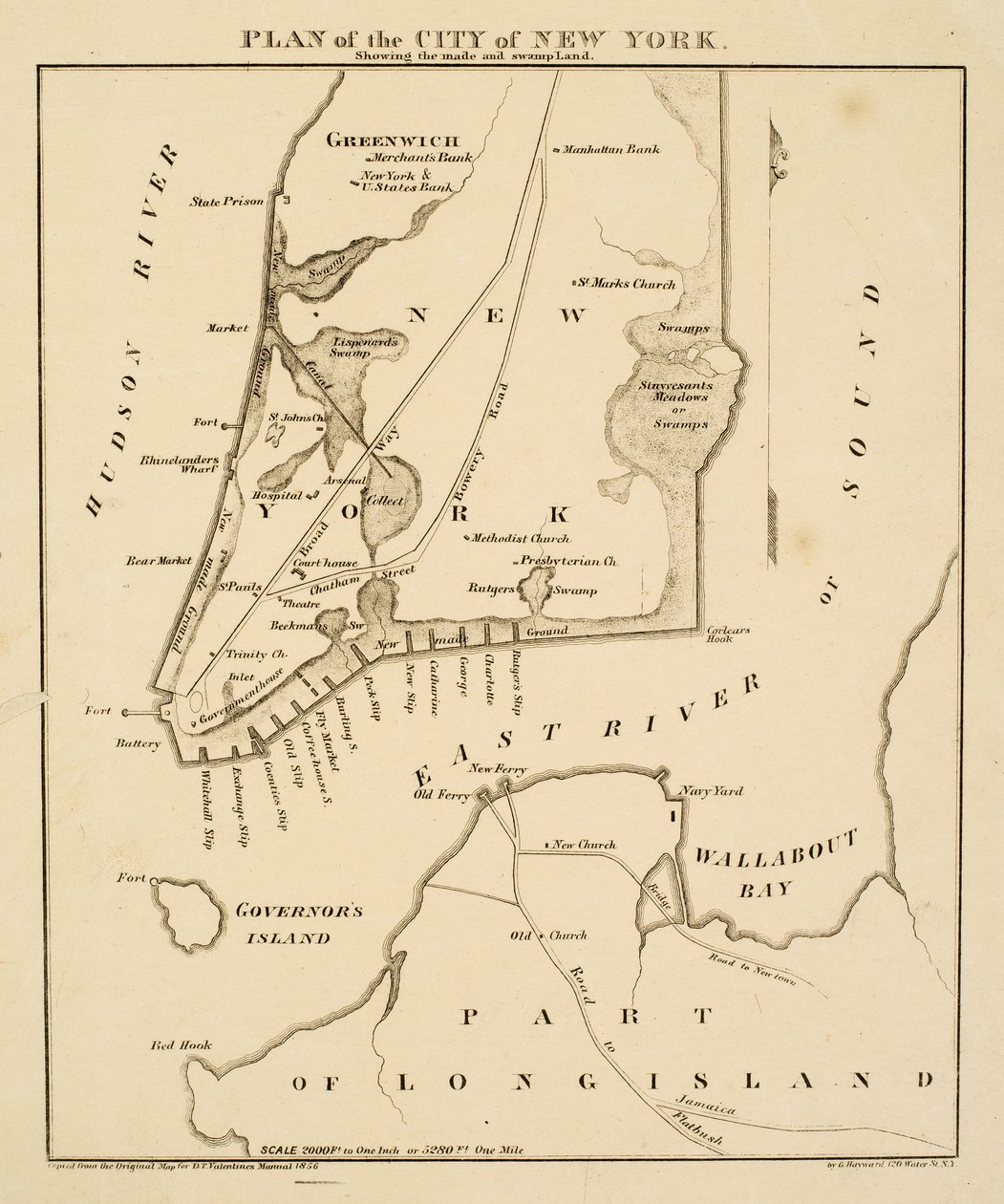 Plan de la ville de New York montrant les terres gagnées et les marécages, 1856 - George Hayward