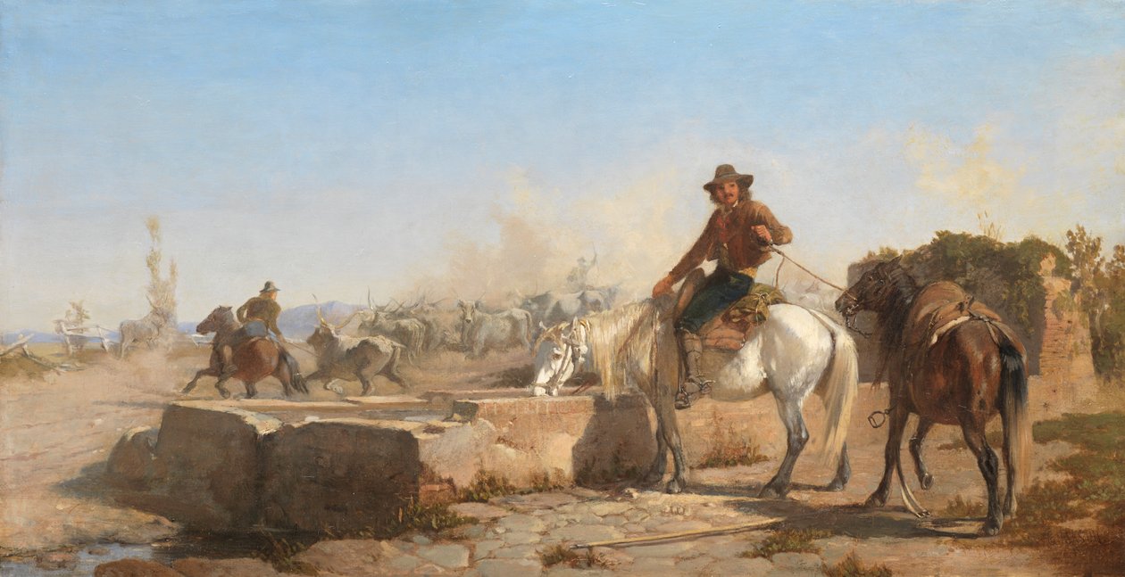 Un Buttero abreuvant son cheval dans la campagne romaine, 1853 - George Hemming Mason