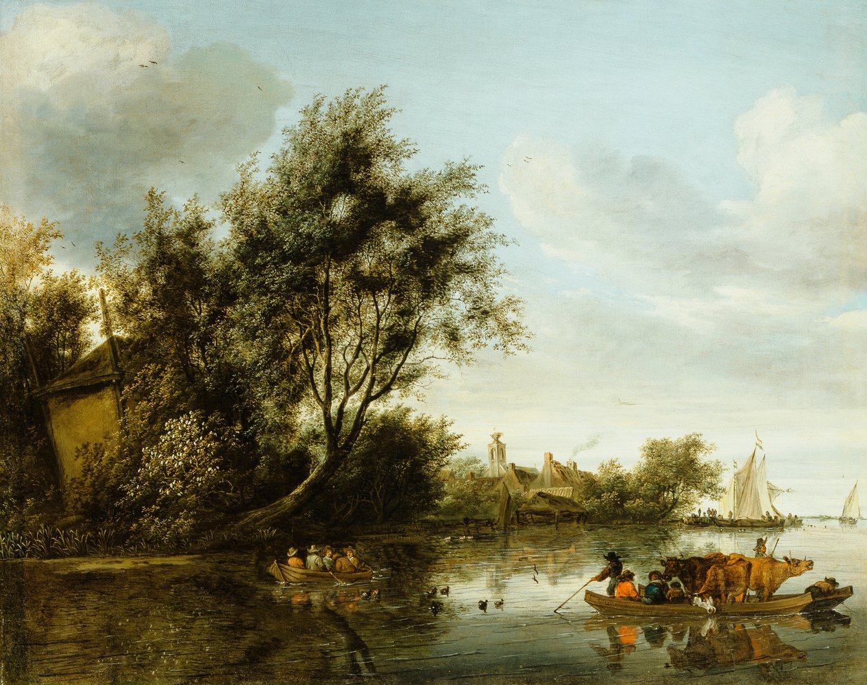 Paysage fluvial avec une grange parmi les arbres et un bac avec des passagers et du bétail - George Henry Clements
