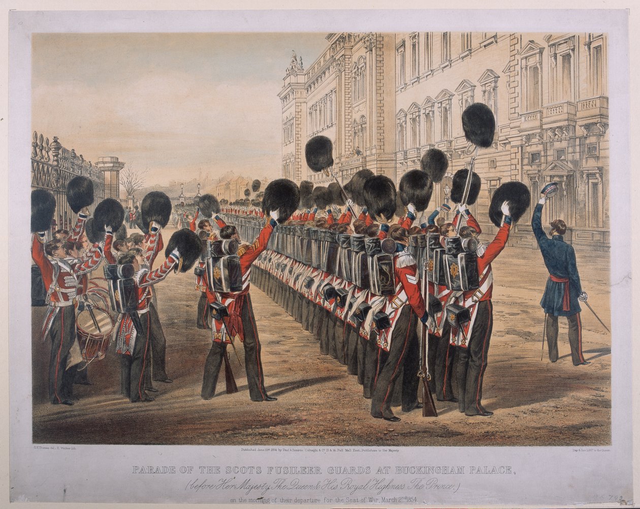 Parade des Scots Fusilier Guards au palais de Buckingham le matin de leur départ pour le théâtre de guerre, 2 mars 1854, gravé par E. Walker, publié par Colnaghi und Co., 1854 - George Housman Thomas