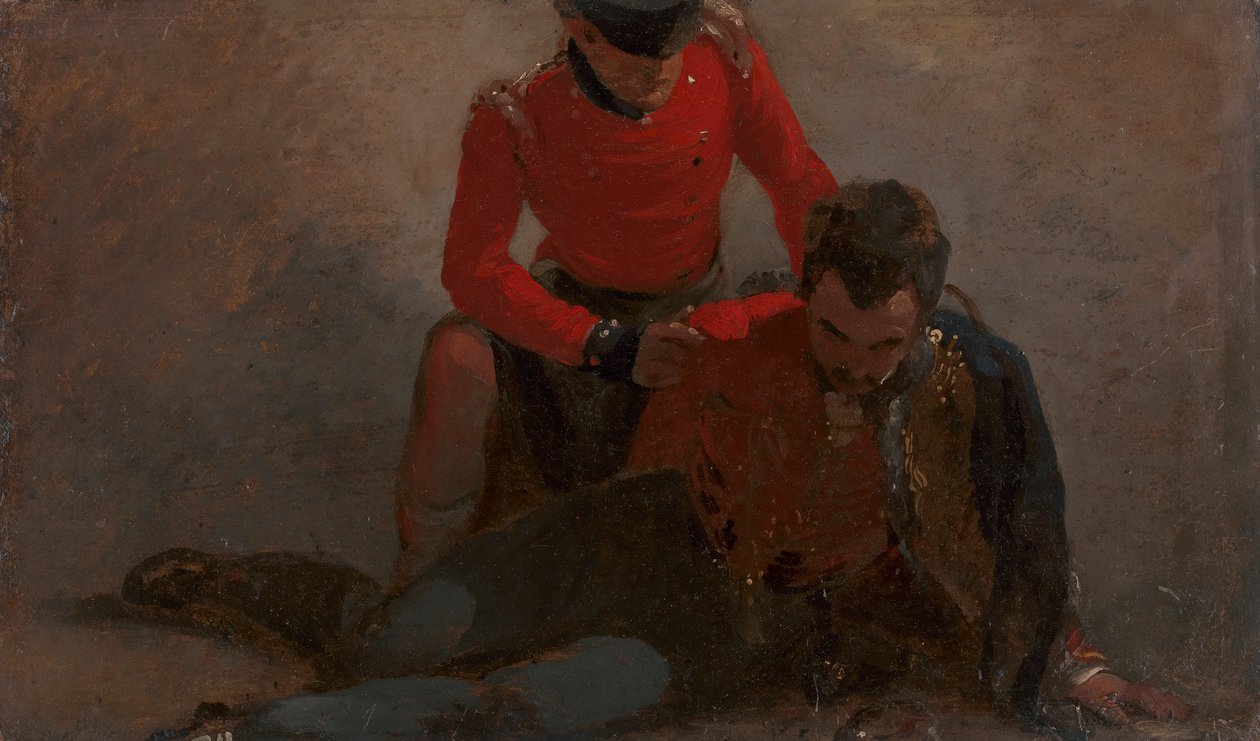 Un Highlander du 42e assistant un général des 7e hussards, possiblement Henry William Bayly, premier comte d
