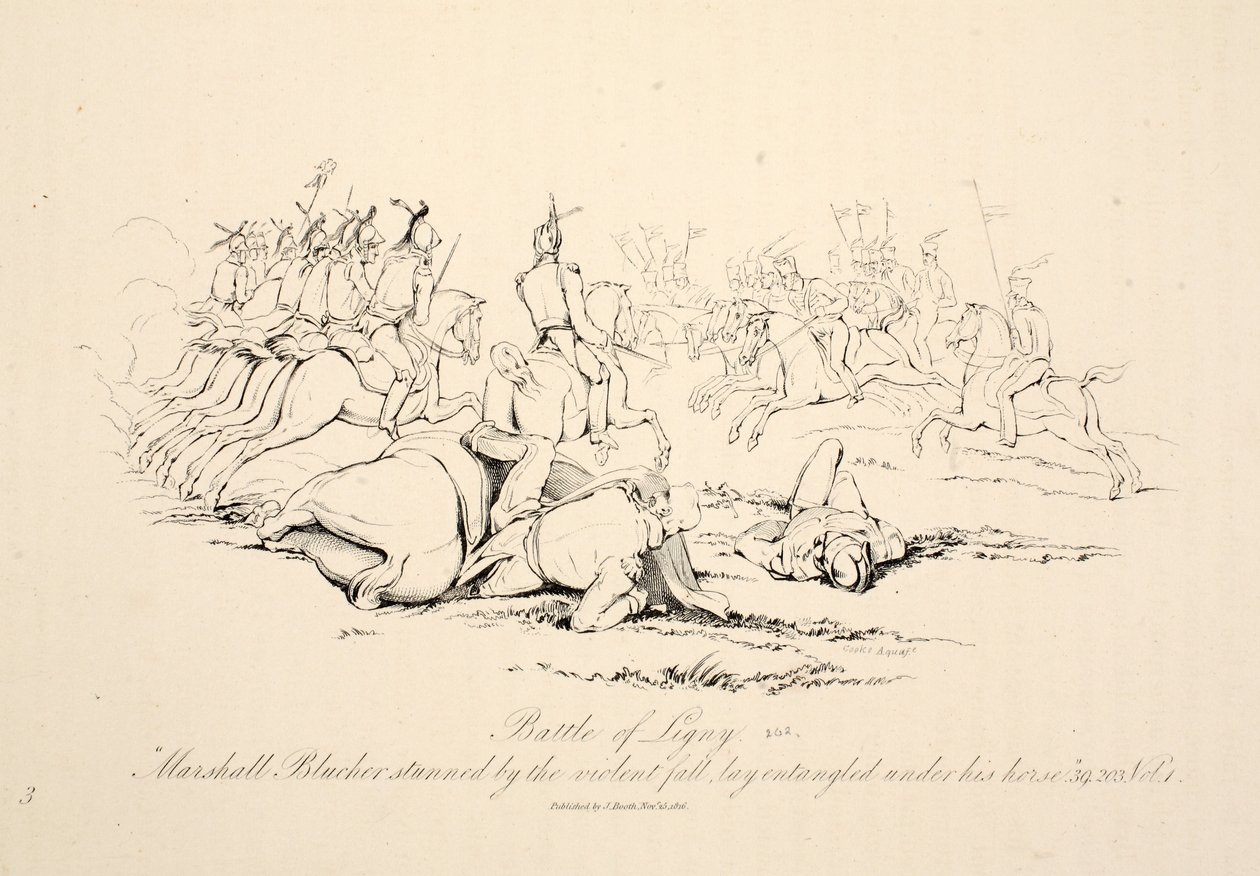 Bataille de Ligny : le maréchal Blucher étourdi par la chute violente, enchevêtré sous son cheval, publié par J. Booth, 1816 - George Jones