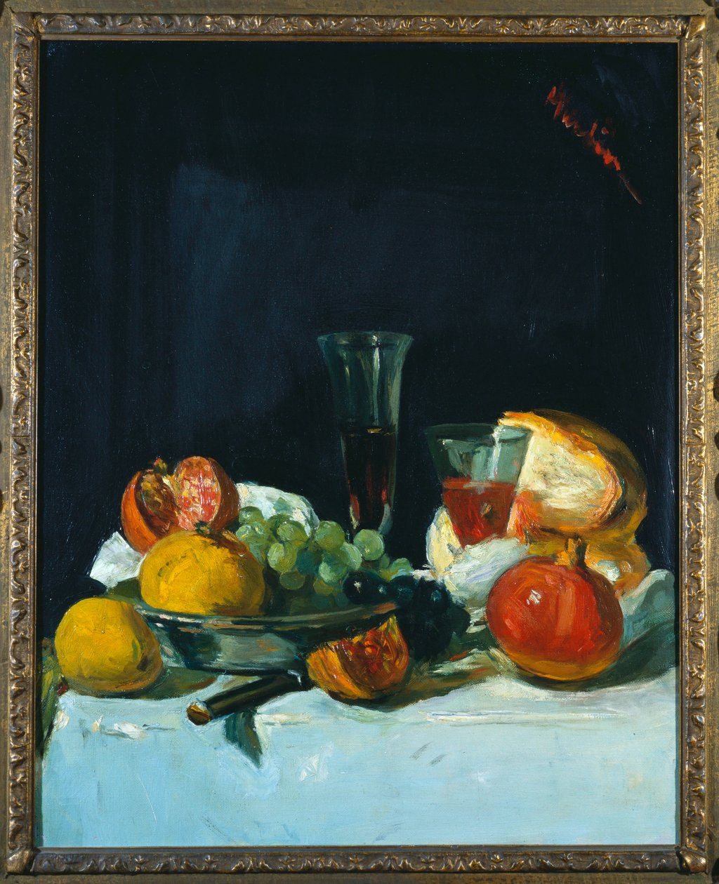Raisins, citrons et grenades avec verres de vin blanc et pain - George Leslie Hunter
