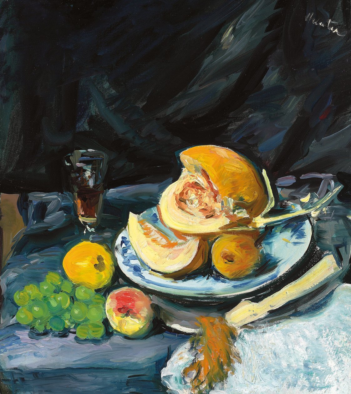 Nature morte avec melon coupé, verre et éventail, vers 1920 - George Leslie Hunter