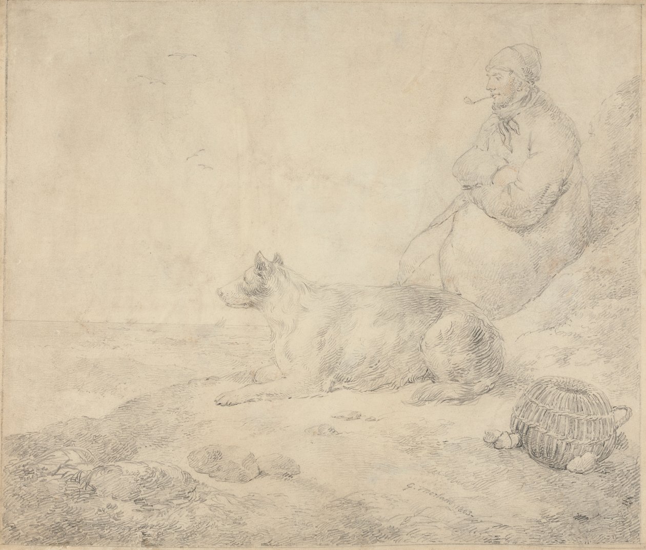 Pêcheur et chien assis près de la côte - George Morland
