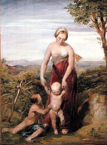 Une femme avec deux enfants dans un paysage vallonné - George Richmond