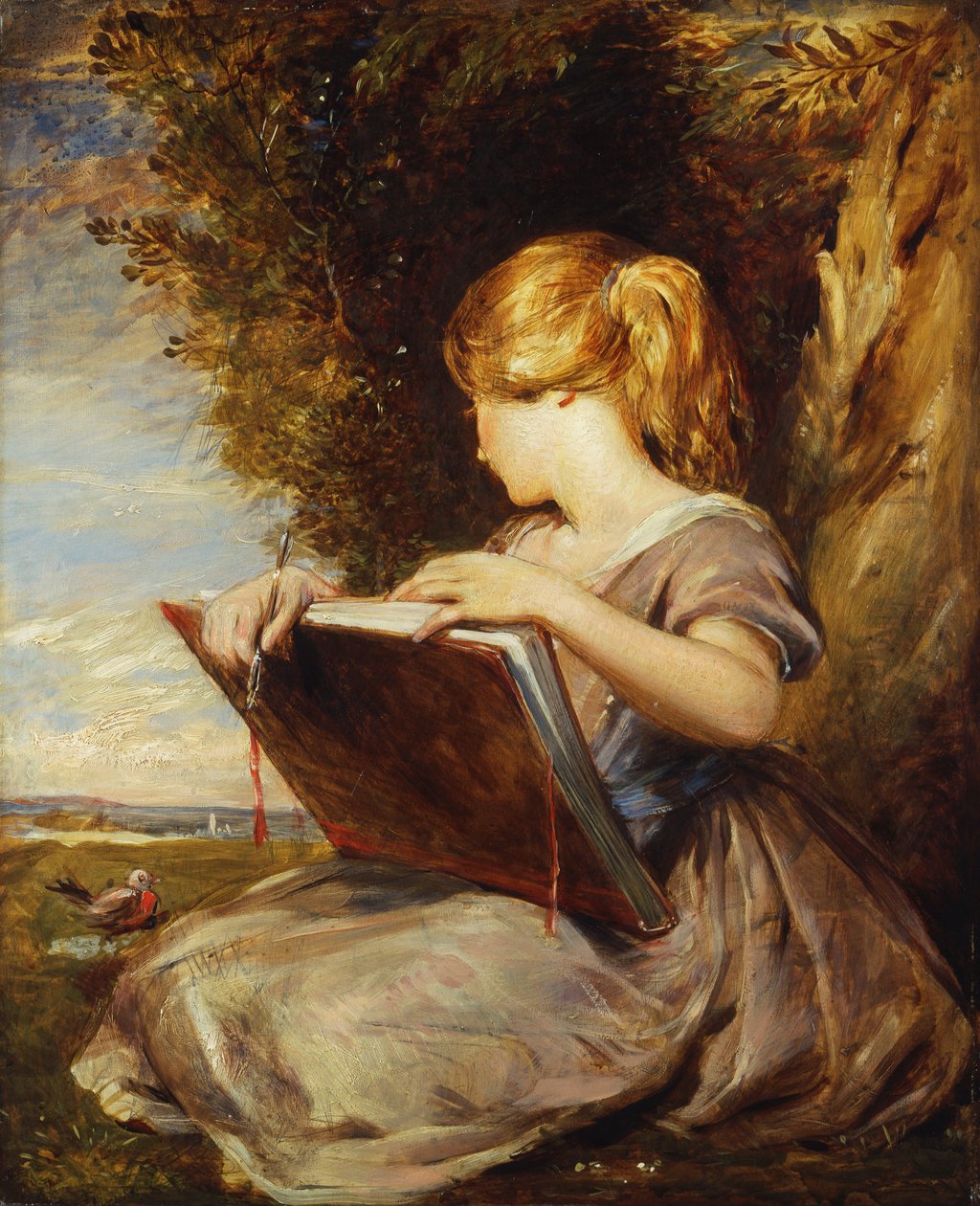 Jeune fille assise sous un arbre avec un carnet de croquis - George Richmond