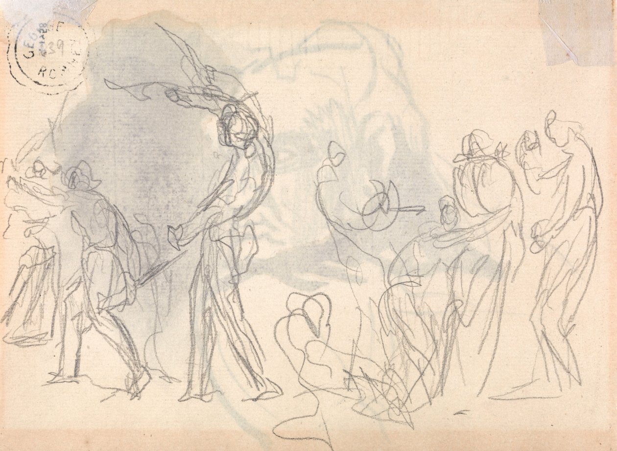 Étude de composition figurative : des hommes repoussant une attaque contre leurs familles - George Romney