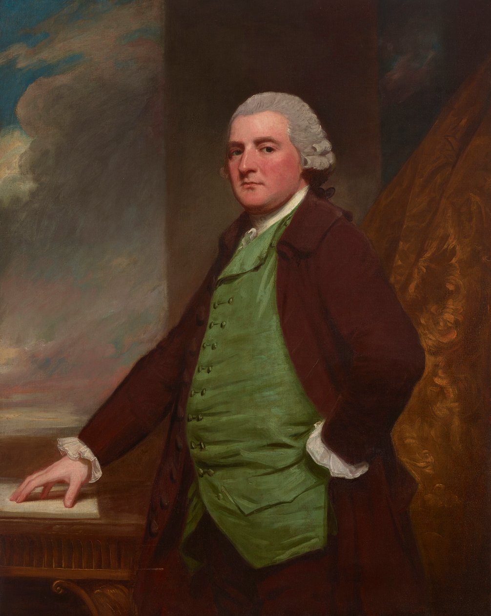 Portrait de James Cross de Clifton, Bristol (1739-1791), de trois quarts, à une table avec un paysage à l
