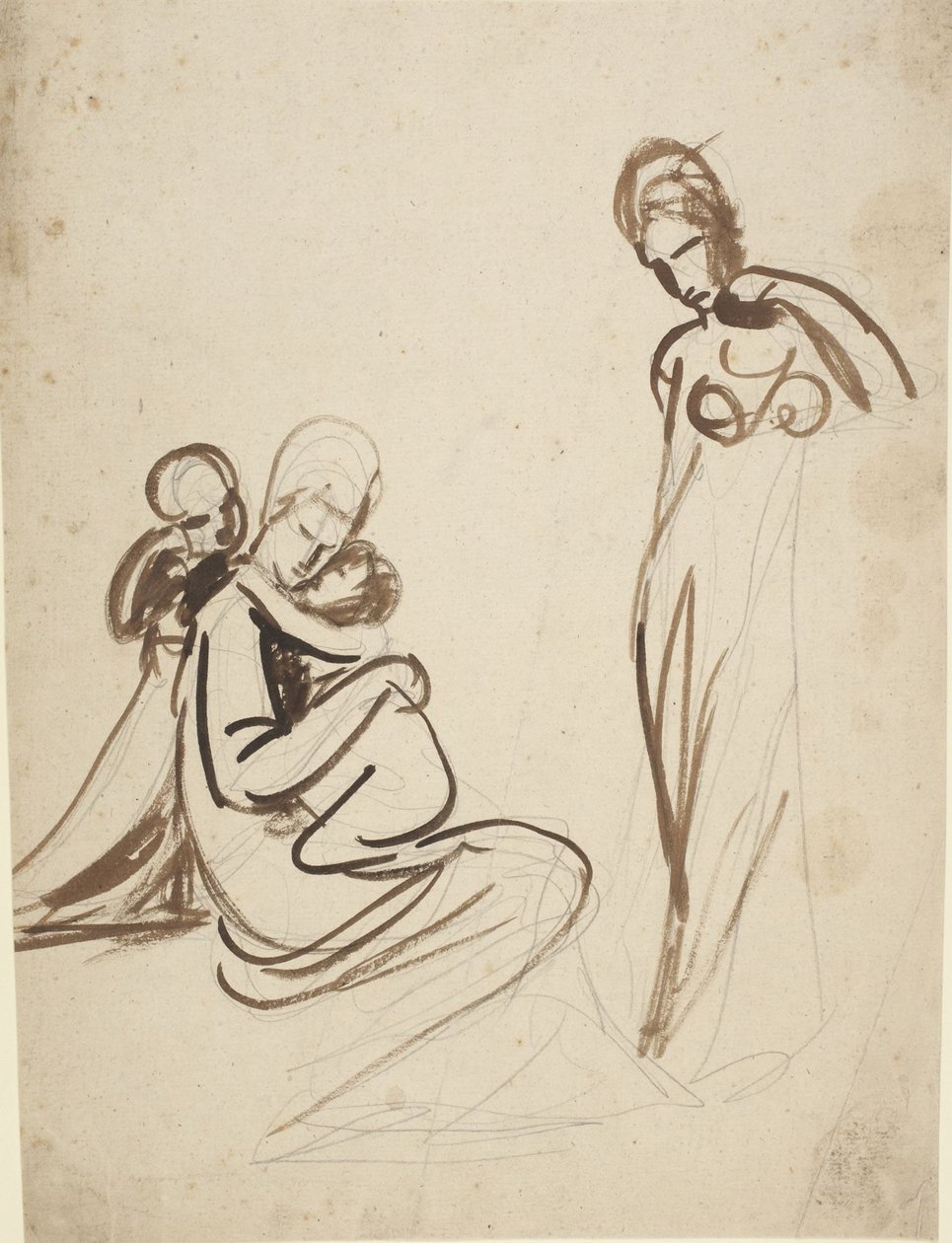 Une femme assise avec deux enfants et une femme debout - George Romney
