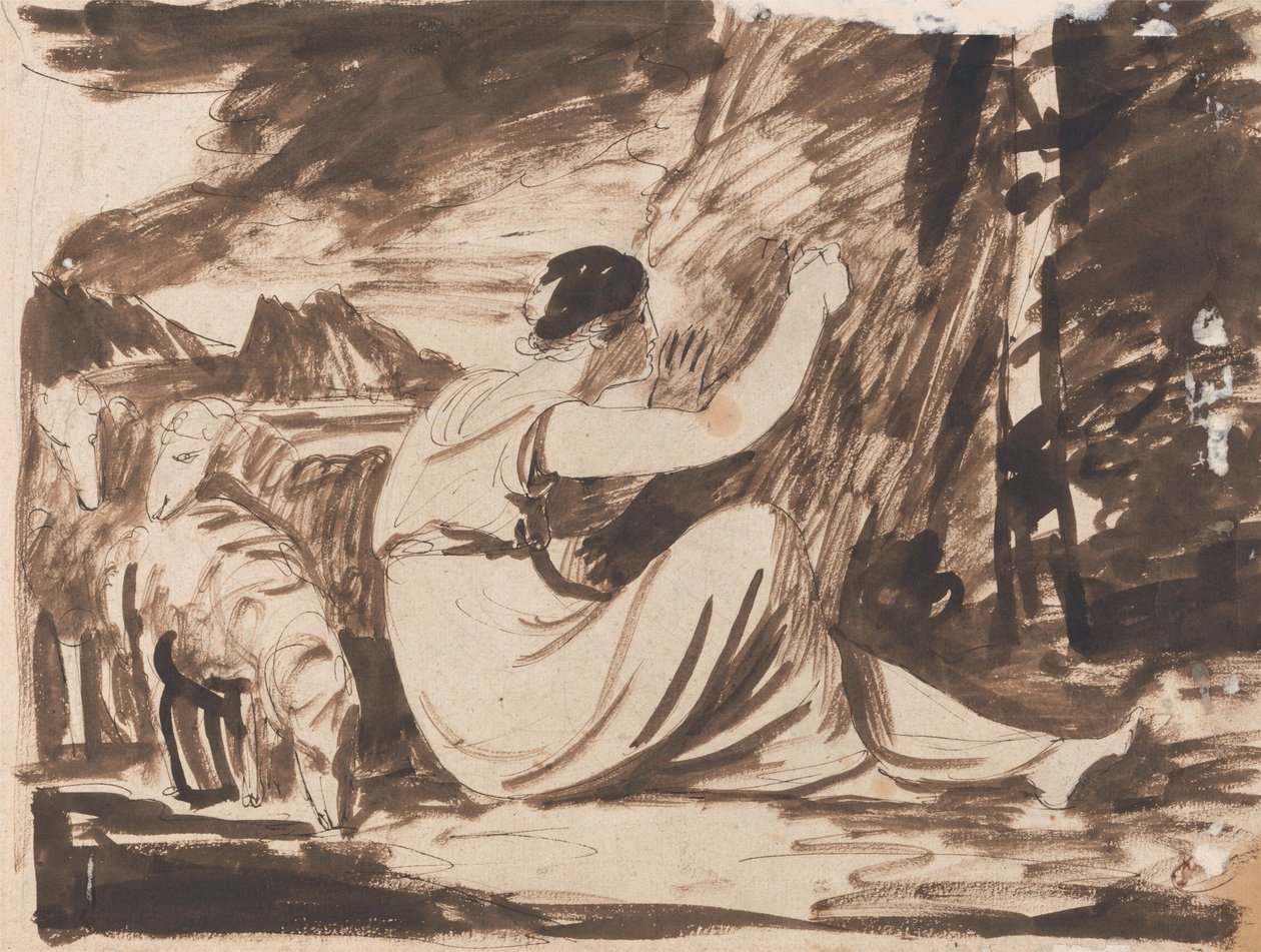 Une bergère gravant une inscription sur un arbre - George Romney