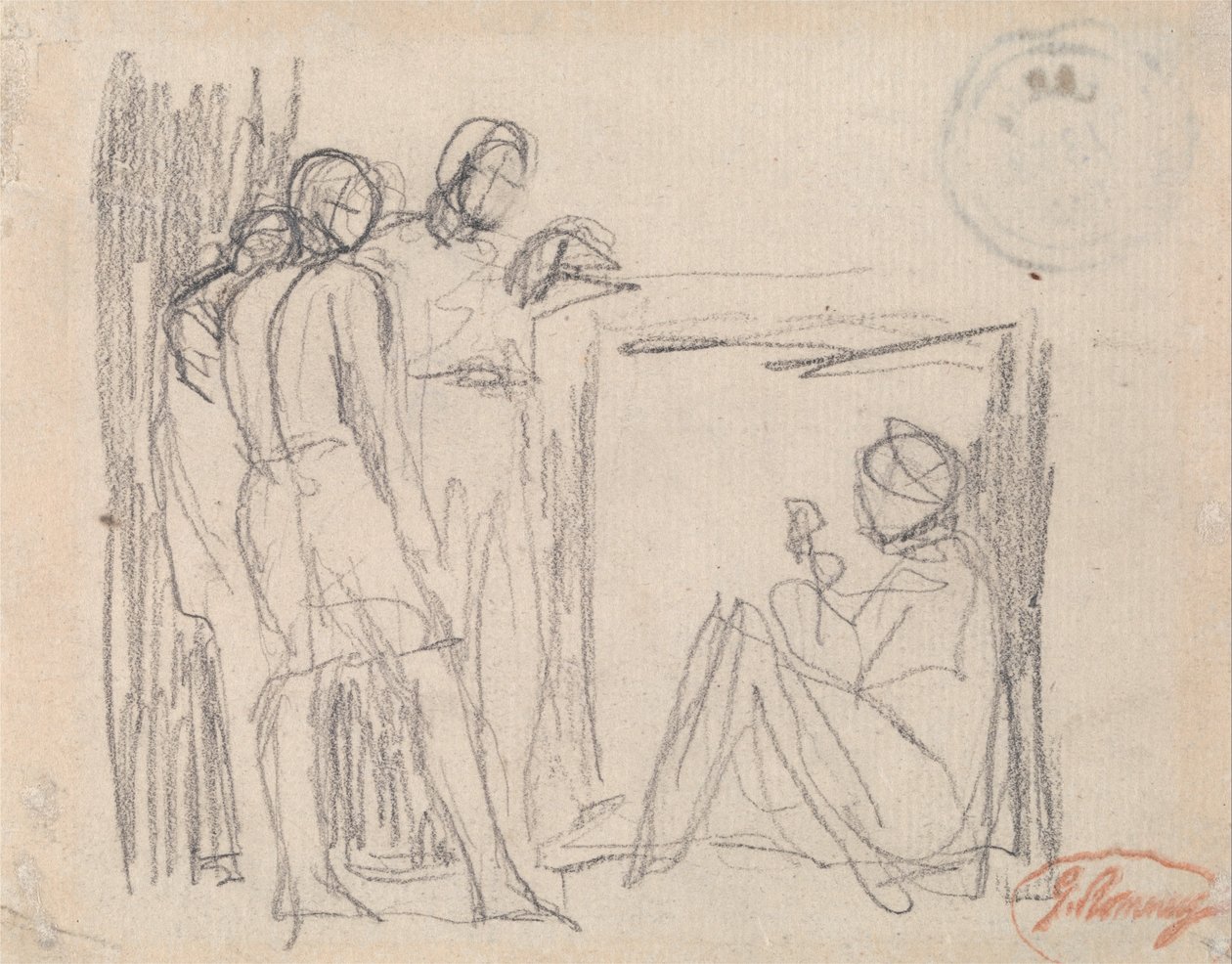 Trois personnages debout devant un personnage assis - George Romney