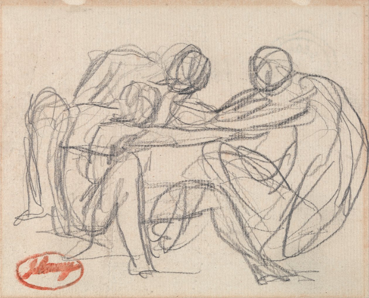 Deux personnages agenouillés luttant contre un personnage assis - George Romney
