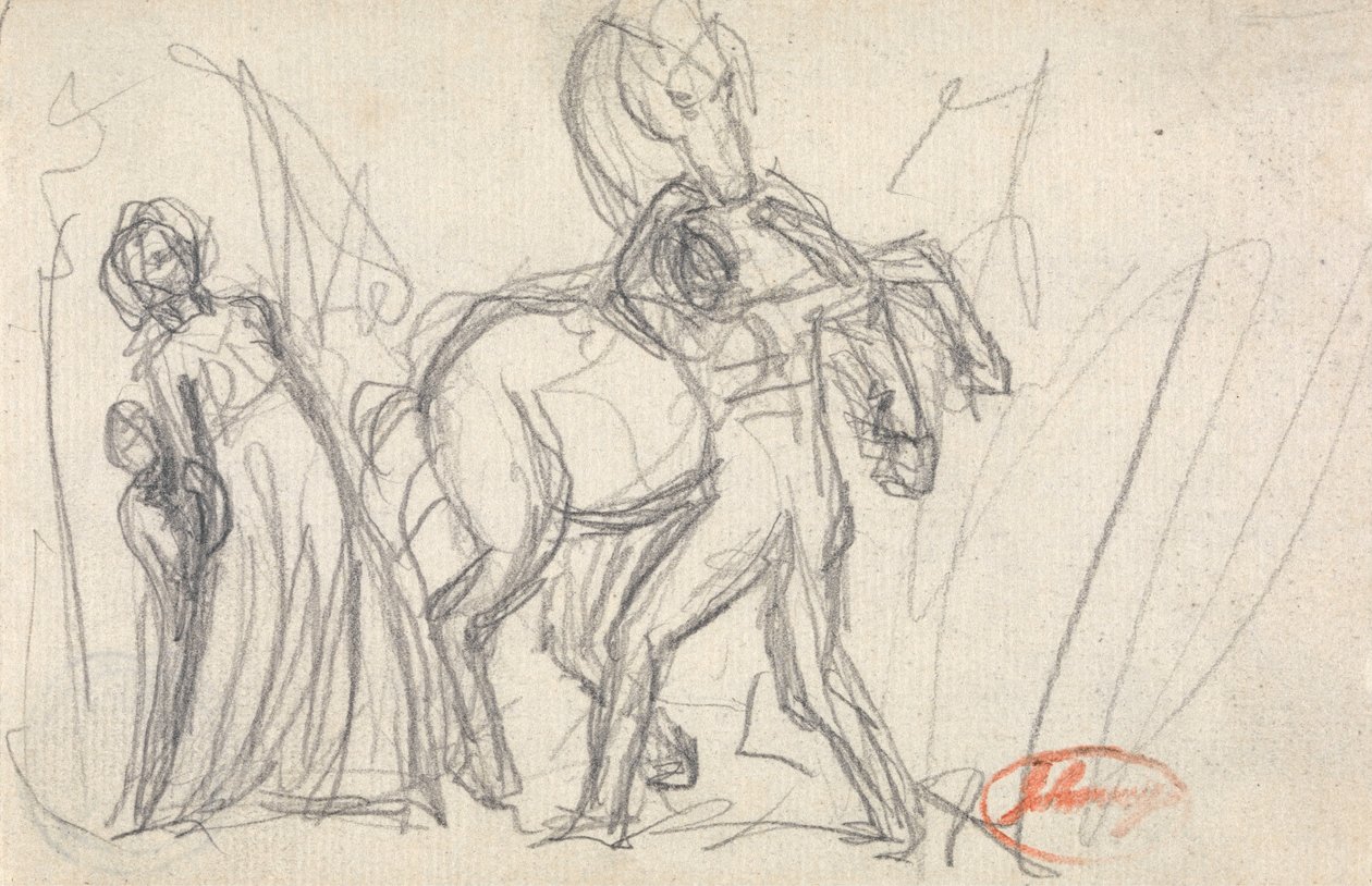Sujet non identifié : Femme, enfant, homme et cheval - George Romney