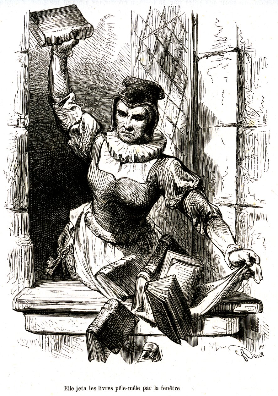 La gouvernante de Don Quichotte jette par la fenêtre les livres de sa bibliothèque. - George Roux
