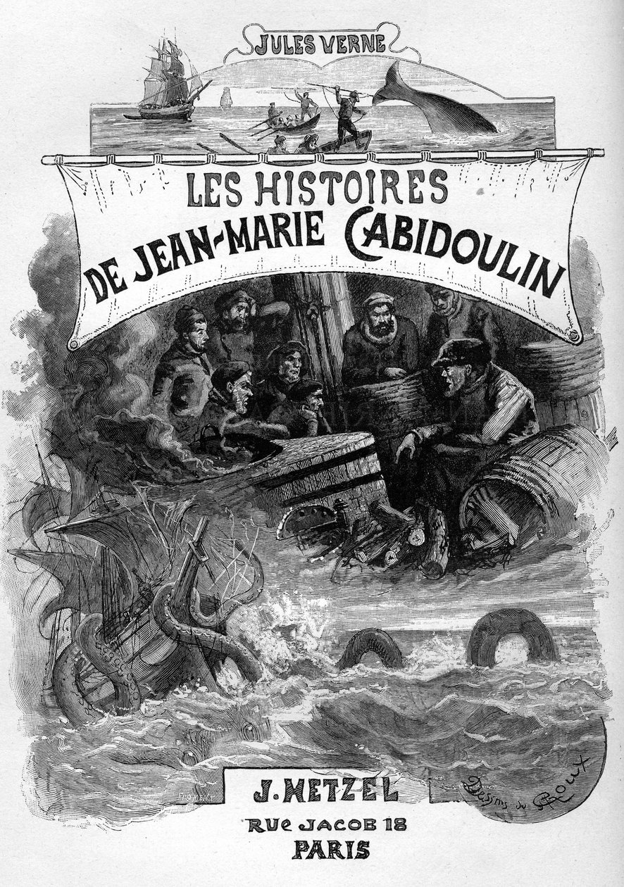 Frontispice du roman de Jules Verne « Les histoires de Jean-Marie Cabidoulin » (1901), Collection Hetzel/Extraordinaires, illustration de George Roux. Evocation de scènes maritimes : harponnage d