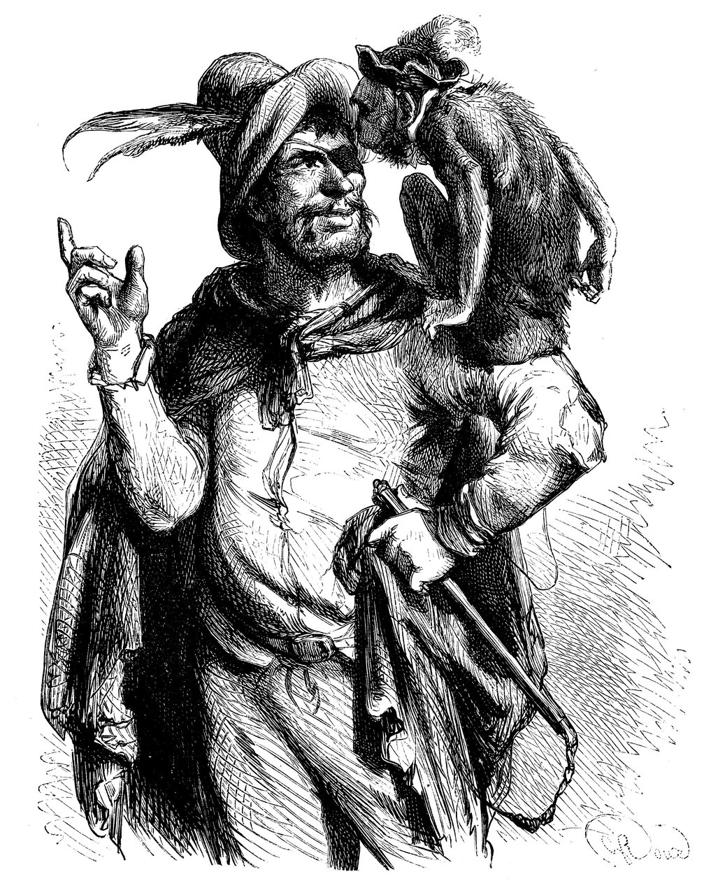 Illustration de George Roux (1853-1929) pour le Don Quichotte de Cervantes : Maître Pierre et son singe - le singe dans la littérature - - George Roux