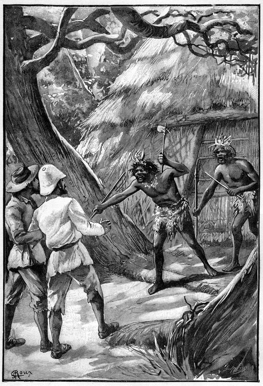 Illustration de George Roux pour le livre de Jules Verne Le Village aérien (1901), édition Hetzel/Voyages extraordinaires, Mondes connus et inconnus. Deux sentinelles Wagdiss menacent les explorateurs avec leurs armes ramifiées - George Roux